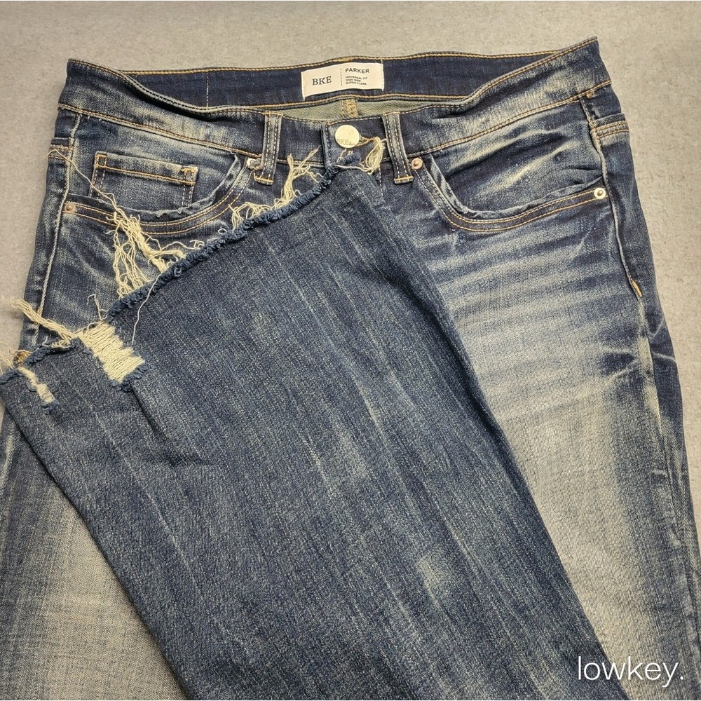 BKE Parker High Rise Super Flare Jeans Medium Wash Distressed Raw Hem Size 28